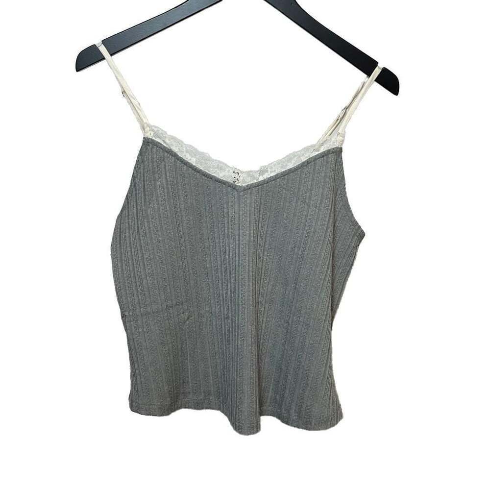 Blu Pepper women’s Cozy Life Grey Ribbed Lace Trim Cami Tank Top LARGE